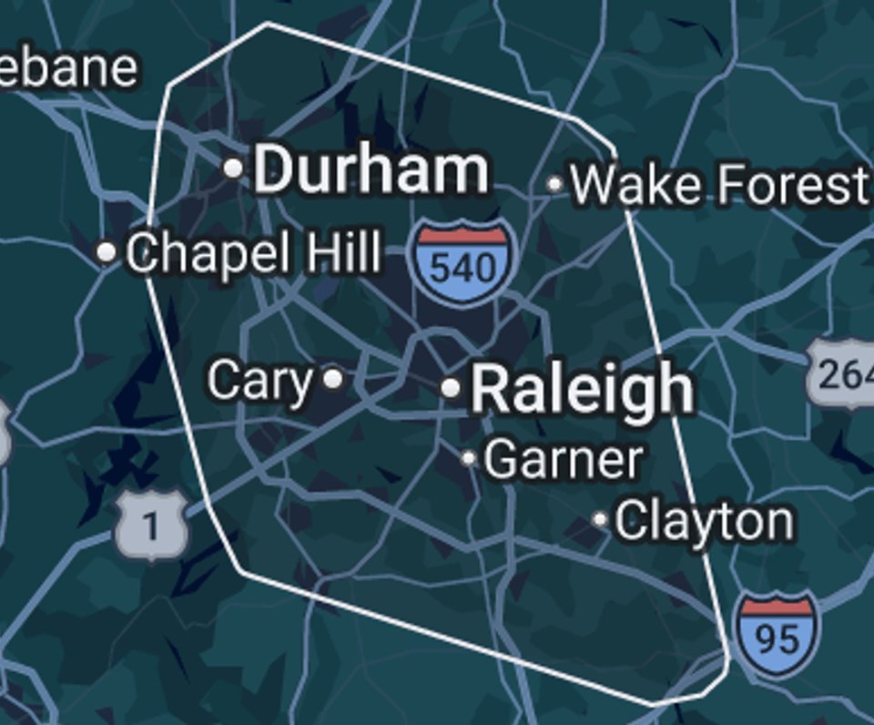 Map of RNL Crawl Spaces service area across the Raleigh Triangle